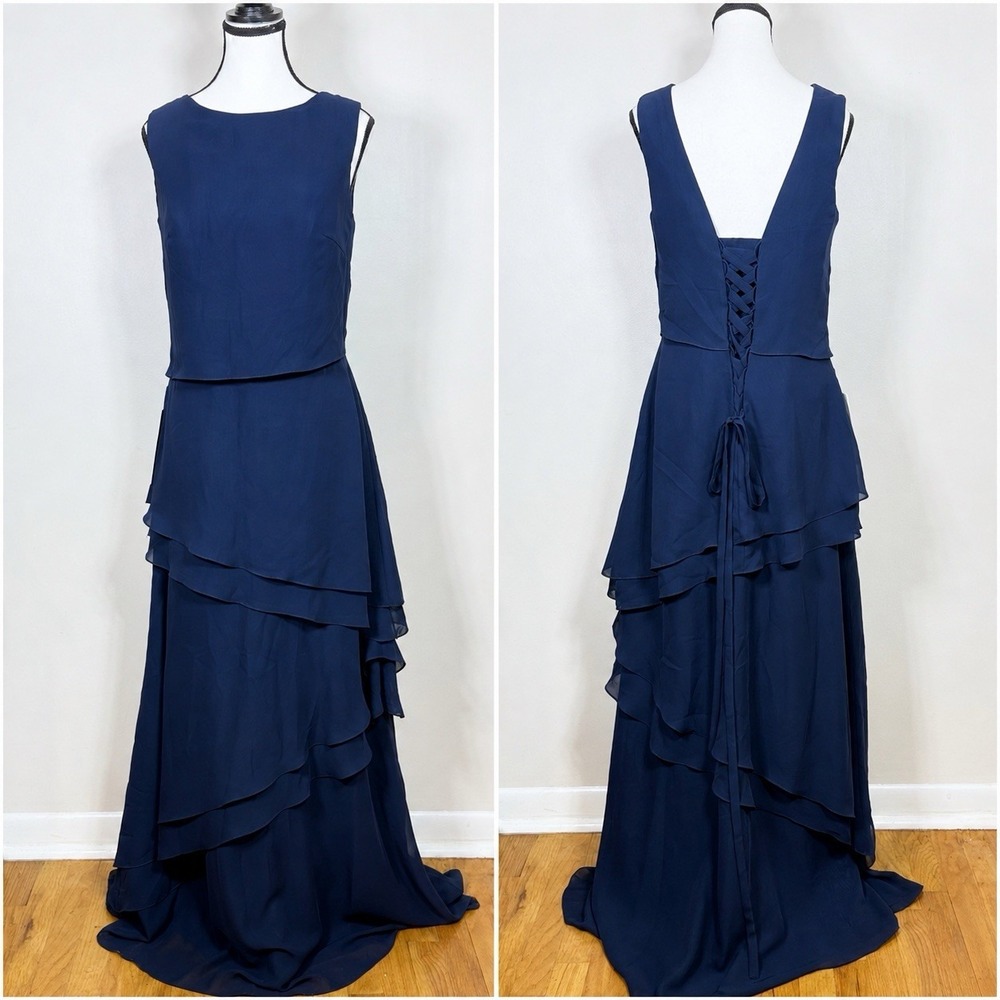 Womens Formal Maxi Dress Size 10 Navy Blue Tiered Chiffon Lace Up Corset Back